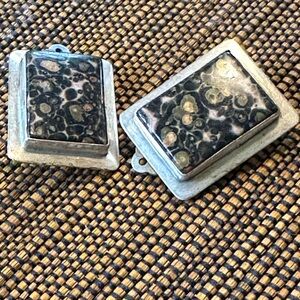 Rectangular Stone Sterling-Style Pendant Pair in Black and Gold Tones